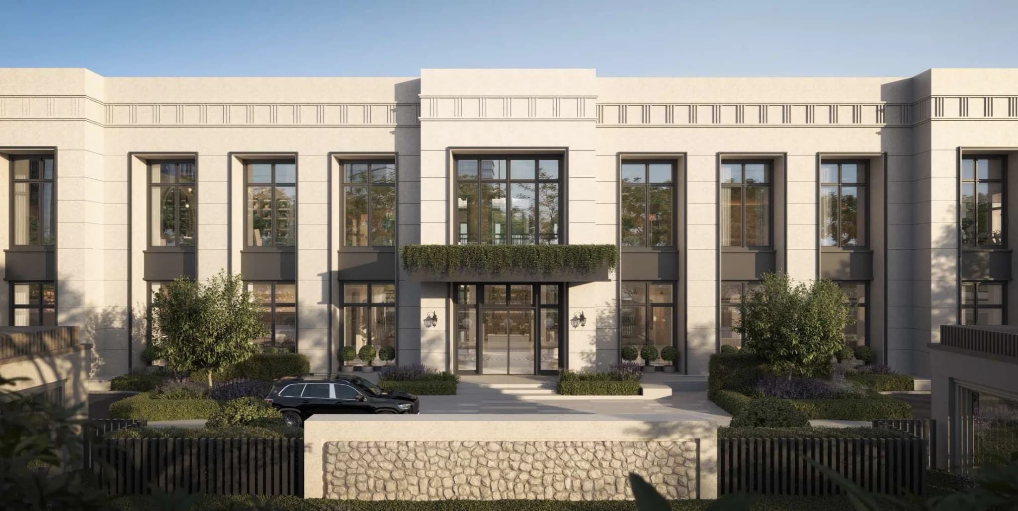 Artistic impression of the clubhouse: a pale-stone pavilion with black-framed grid windows and a planted entrance canopy