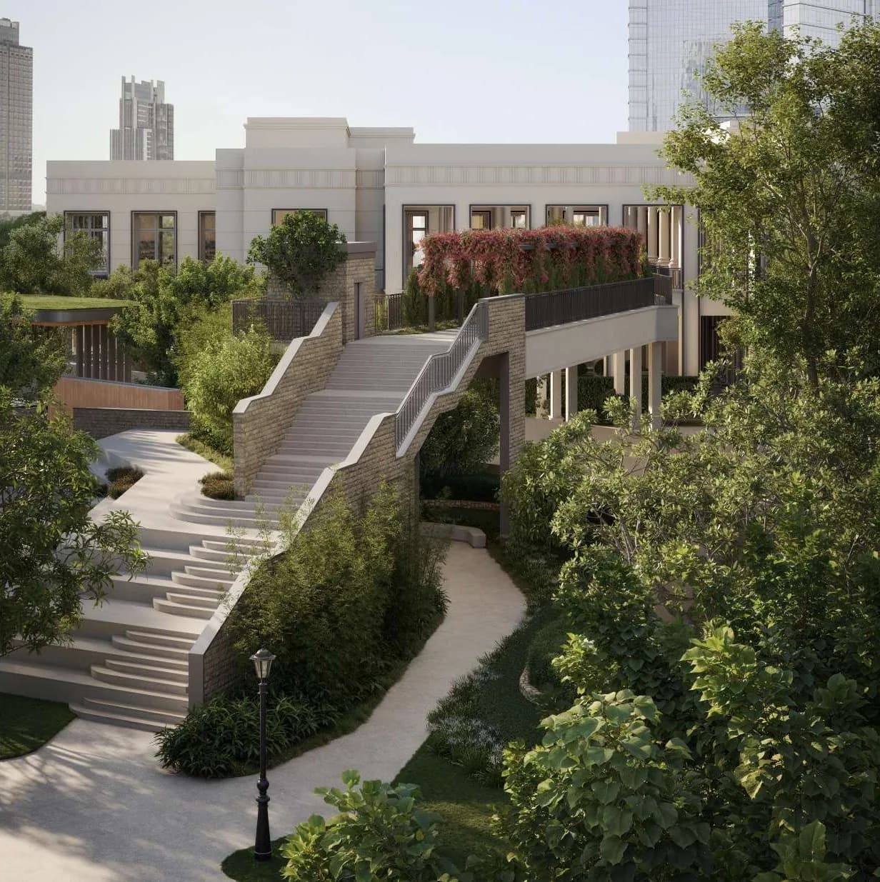 Artistic impression of the elevated walkway rising through planted gardens towards the clubhouse