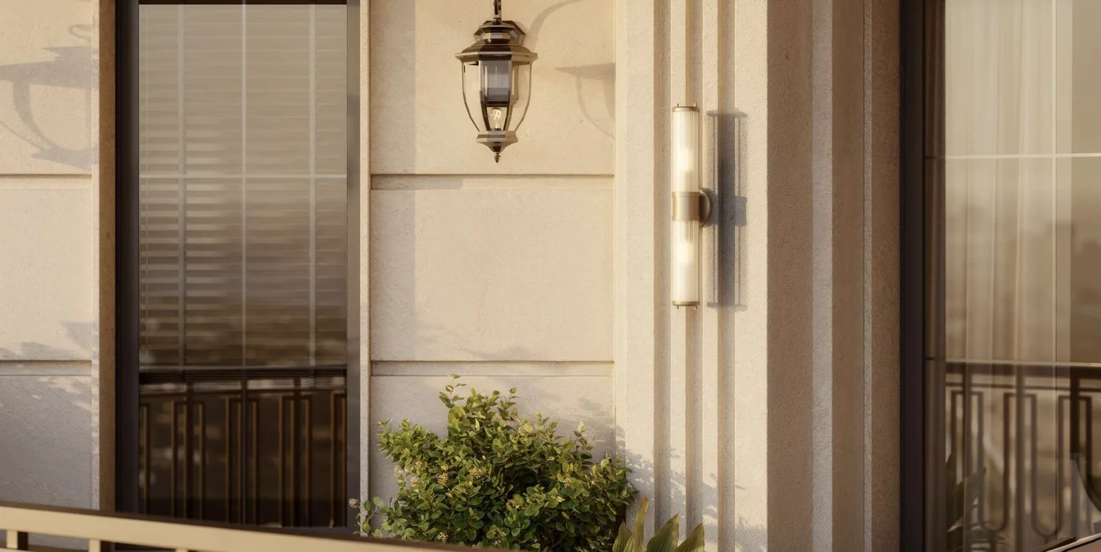 Artistic impression of a carriage lantern beside a Georgian-style window and wrought-iron railing