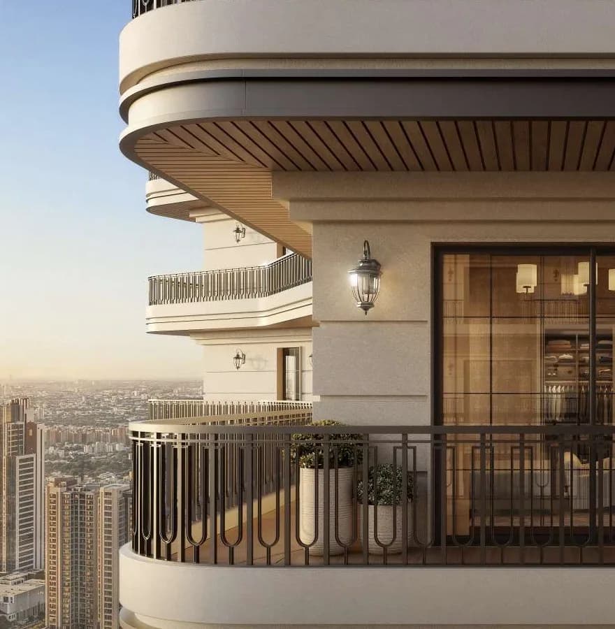 Artistic impression of a curved residence balcony with wrought-iron railings, a timber soffit and carriage lanterns, high above Gurugram